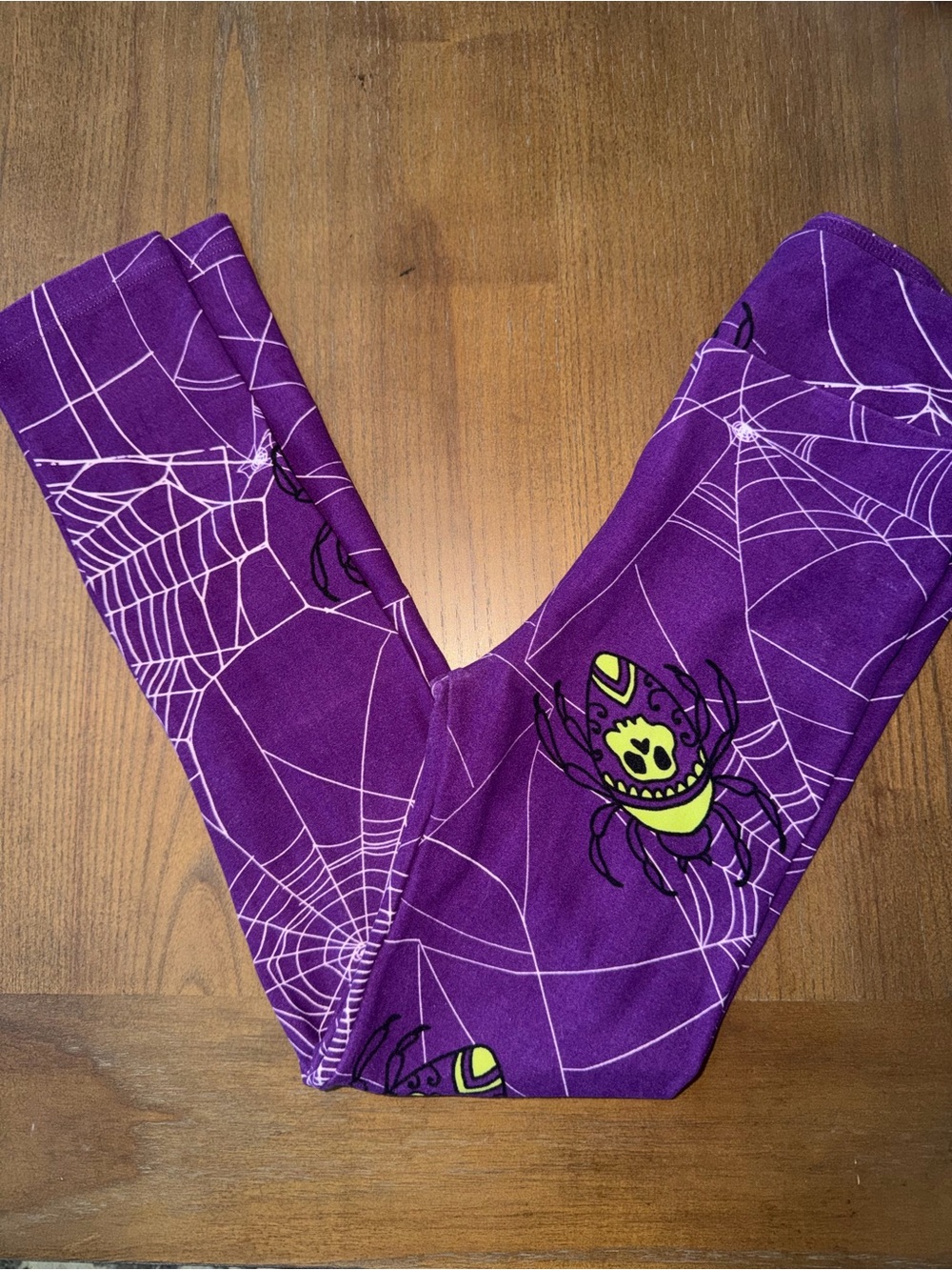 LuLaRoe Kids Halloween Purple Spider Web Leggings with Neon Green Accents